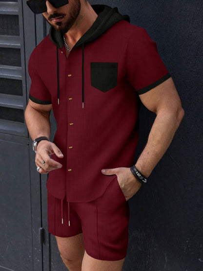 Herren Sportset Kurzarm Kapuze mit Druckknöpfen Casual