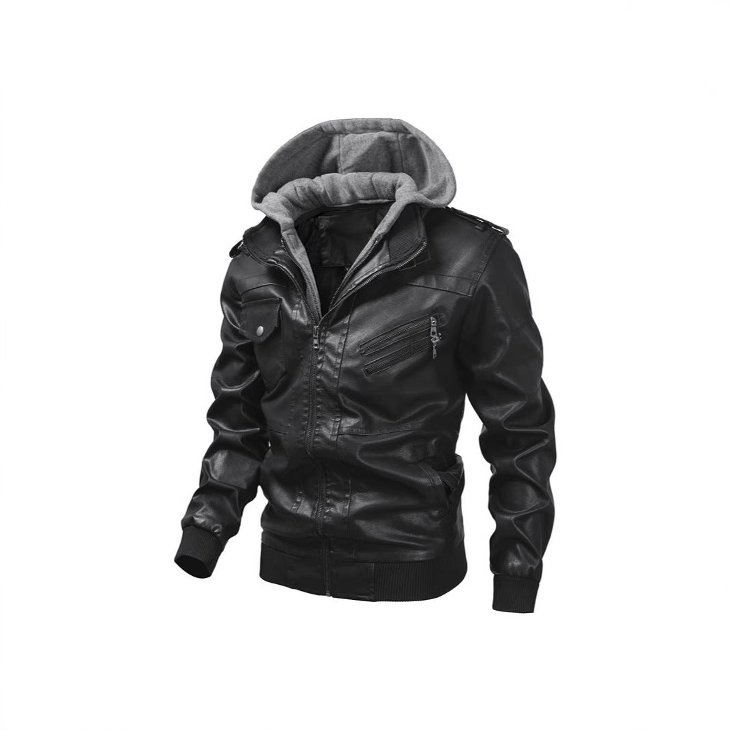 Herren Lederjacke Mit Kapuze Und Taschen