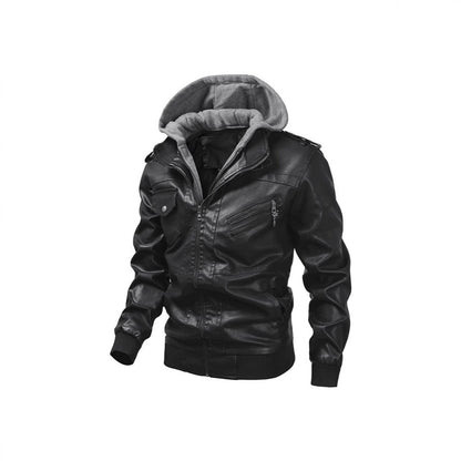 Herren Lederjacke Mit Kapuze Und Taschen