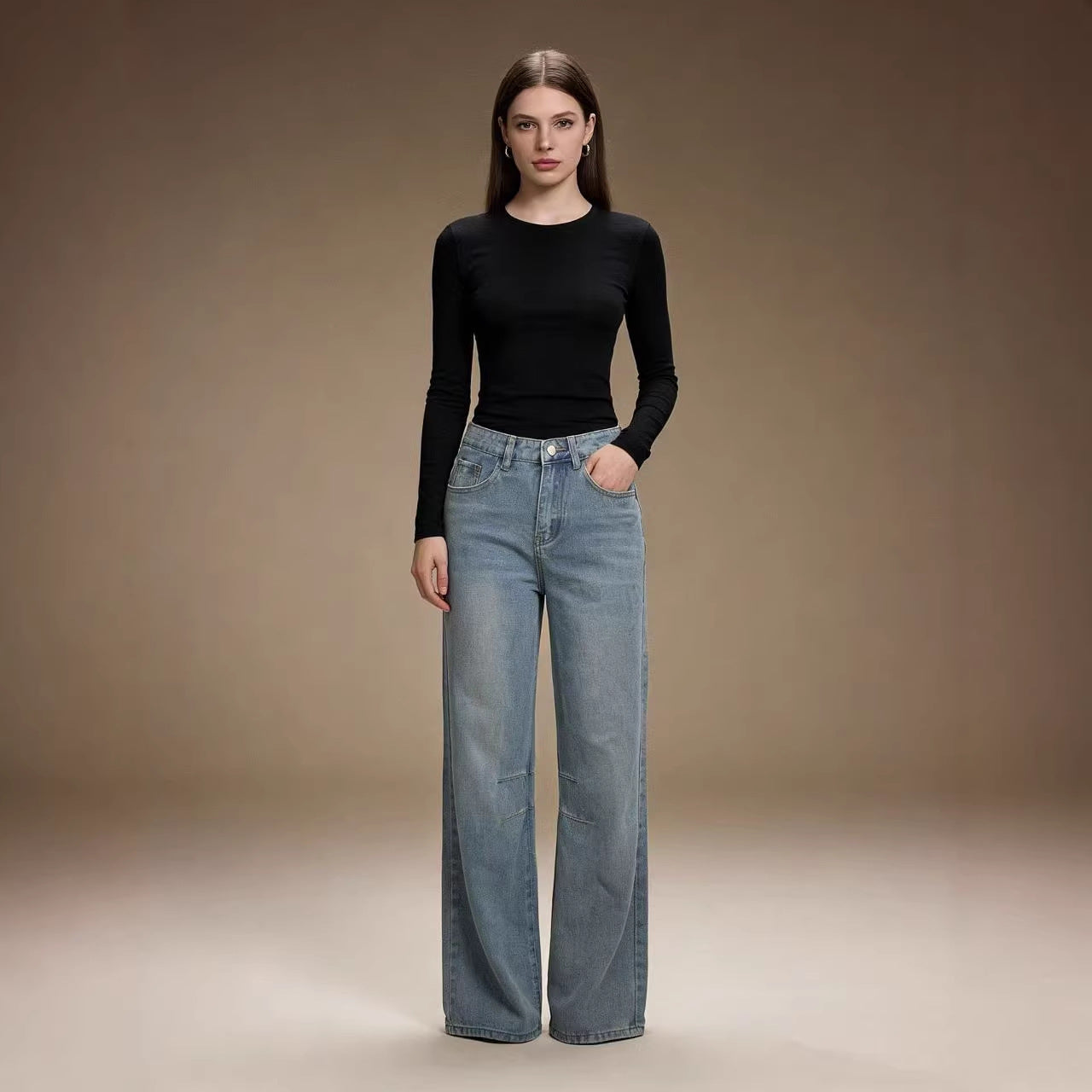 Damen Jeanshose Weit Bequem Mit Nähdetails