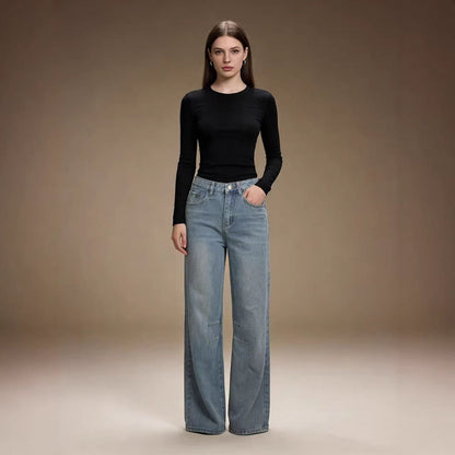 Damen Jeanshose Weit Bequem Mit Nähdetails