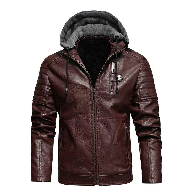 Herren Lederjacke mit abnehmbarem Kapuzenfutter Schwarz Ledermantel