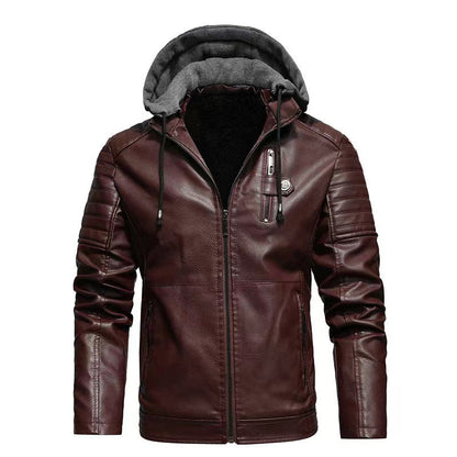 Herren Lederjacke mit abnehmbarem Kapuzenfutter Schwarz Ledermantel