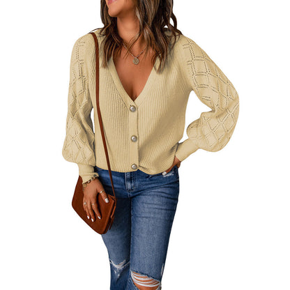 Frauen Strickjacke V-Ausschnitt Puffärmel Modern
