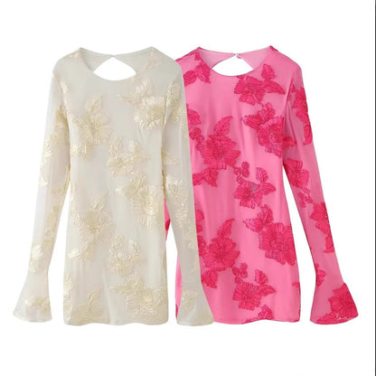 Damen Oberteil Elegantes Chiffon Blumenmuster Langärmlig