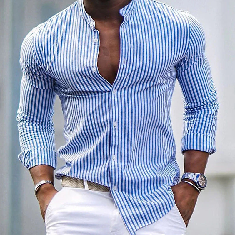 Herren Langarmhemd Modern Stehkragen Streifen Design