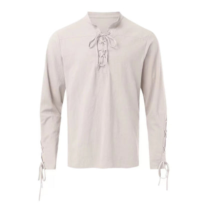 Herren Leinenhemd Langarm Modern Schnürfront Eleganz