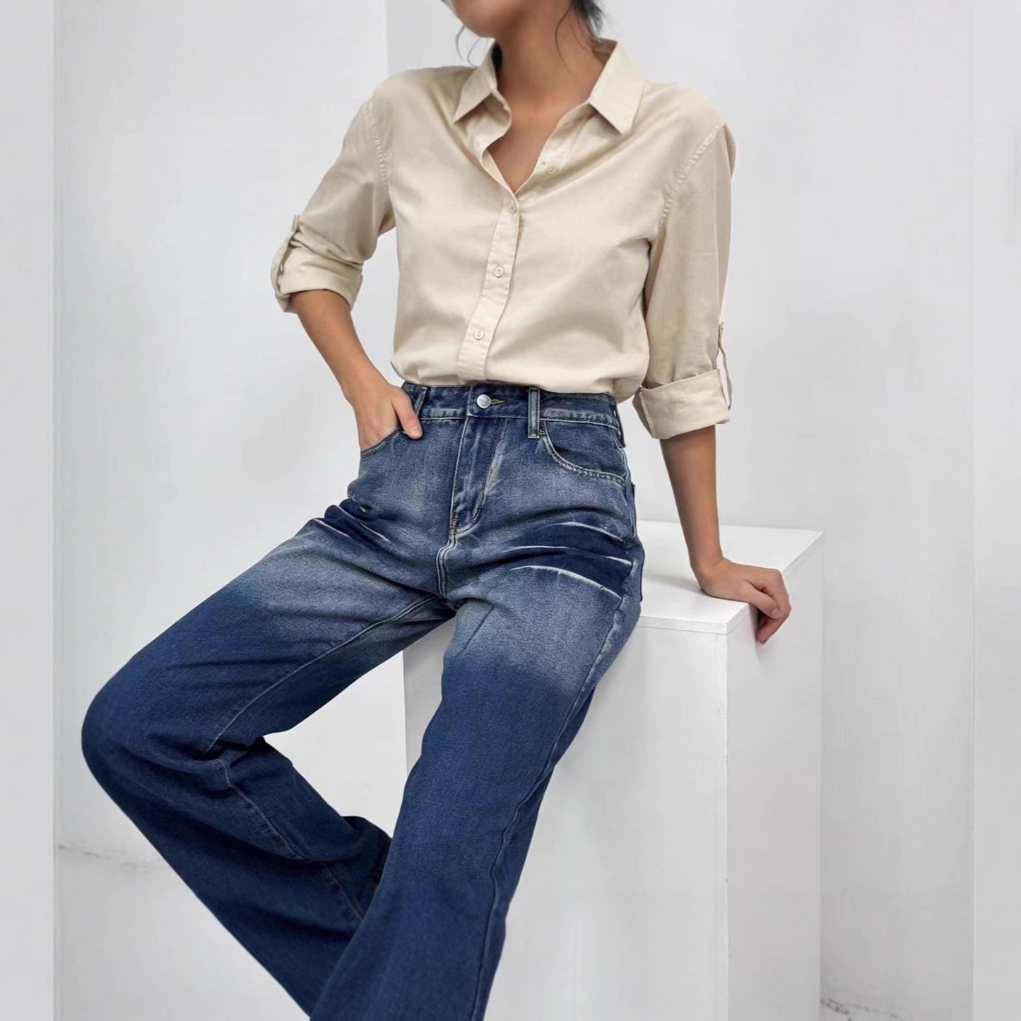 Damen High-Waist Jeans Mit Farbverlauf und Weitem Bein