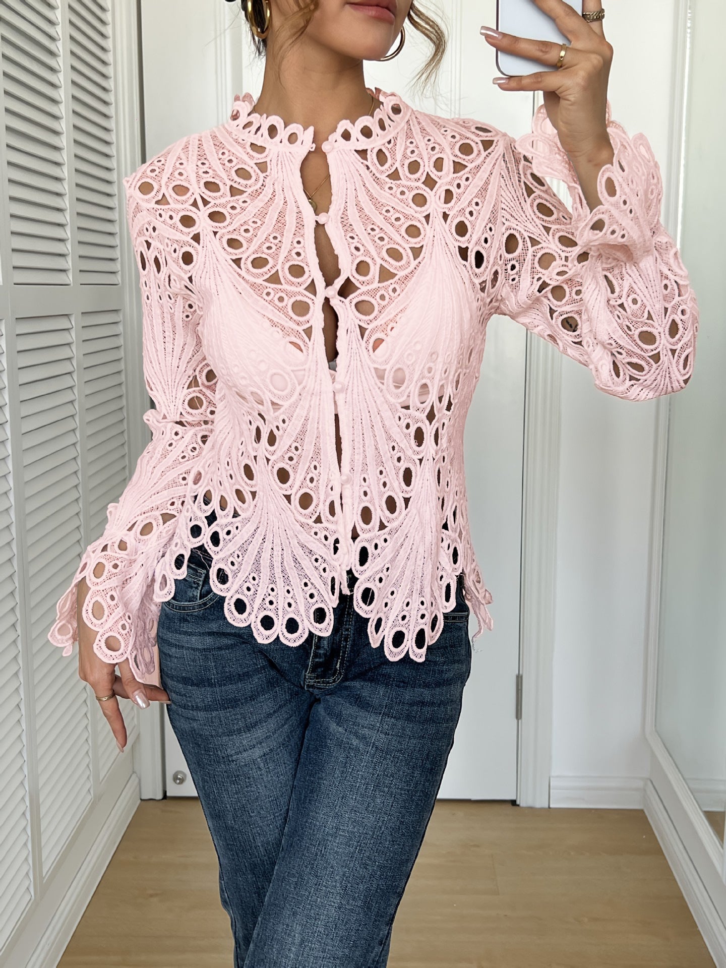 Elegante Damen Bluse Spitze Cut-Outs Figurformend