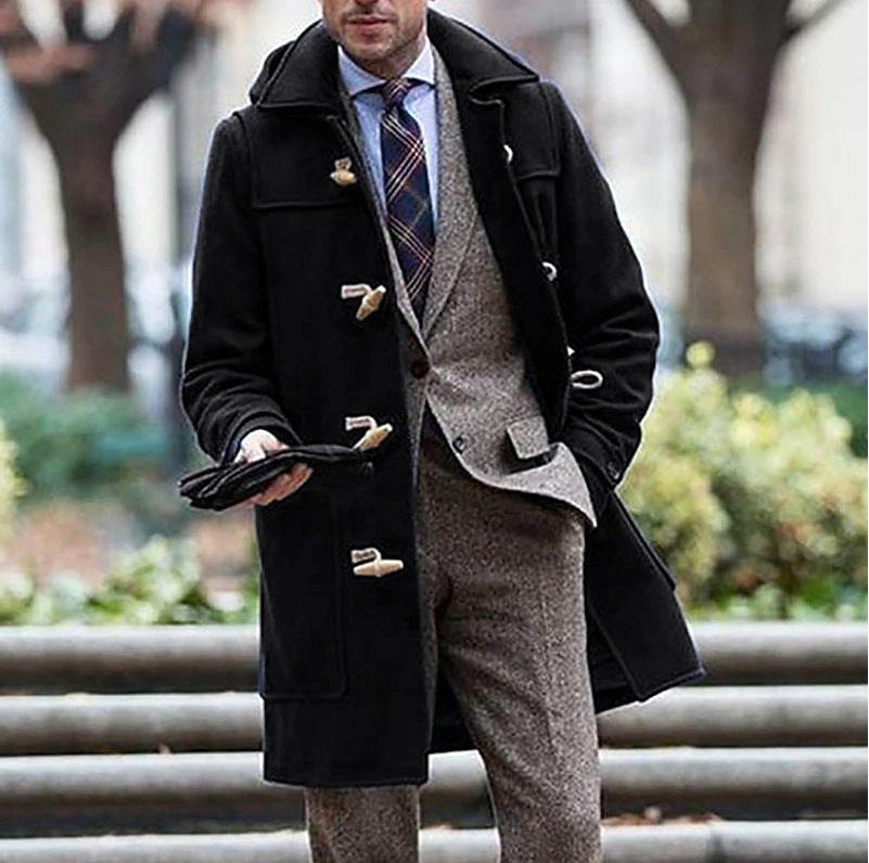 Herren Dufflecoat Wintermantel Wolle Kapuze Knöpfe Elegant