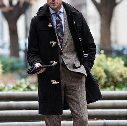 Herren Dufflecoat Wintermantel Wolle Kapuze Knöpfe Elegant