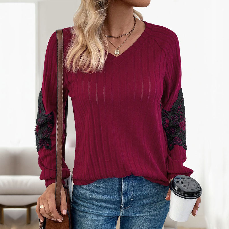 Damen Pullover Langarm Spitze V-Ausschnitt Glamour