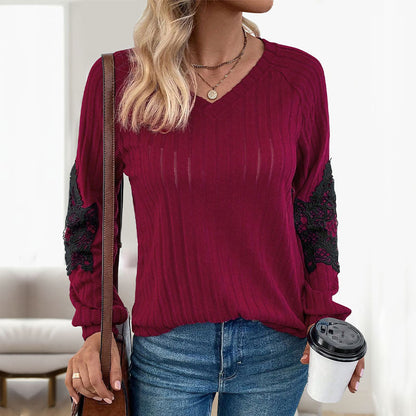 Damen Pullover Langarm Spitze V-Ausschnitt Glamour