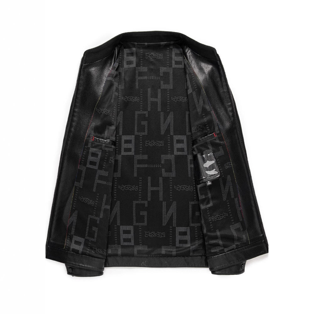Herren Lederjacke Modern Stehkragen Elegant Schwarz