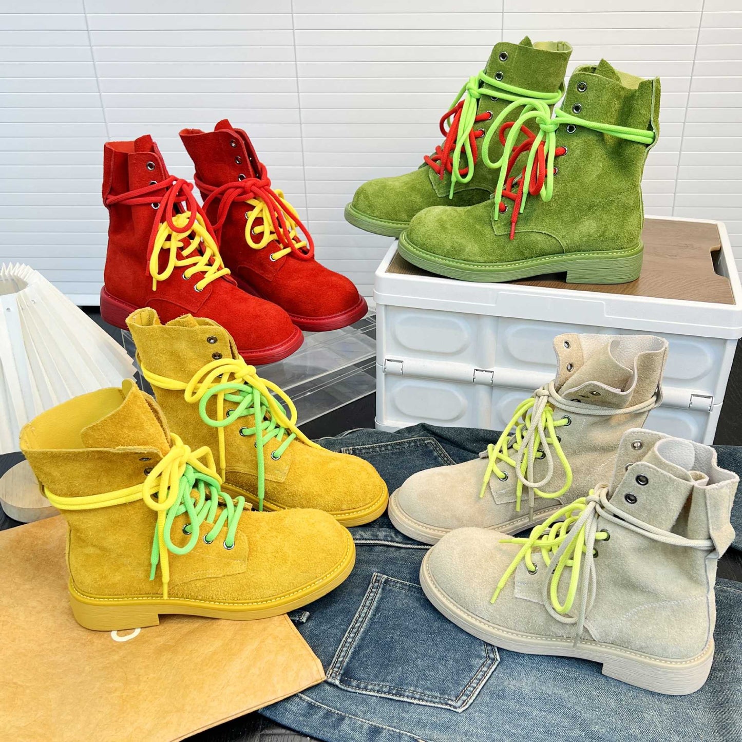 Damen Boots Wildleder Schnürsenkel Neon Farben Robust