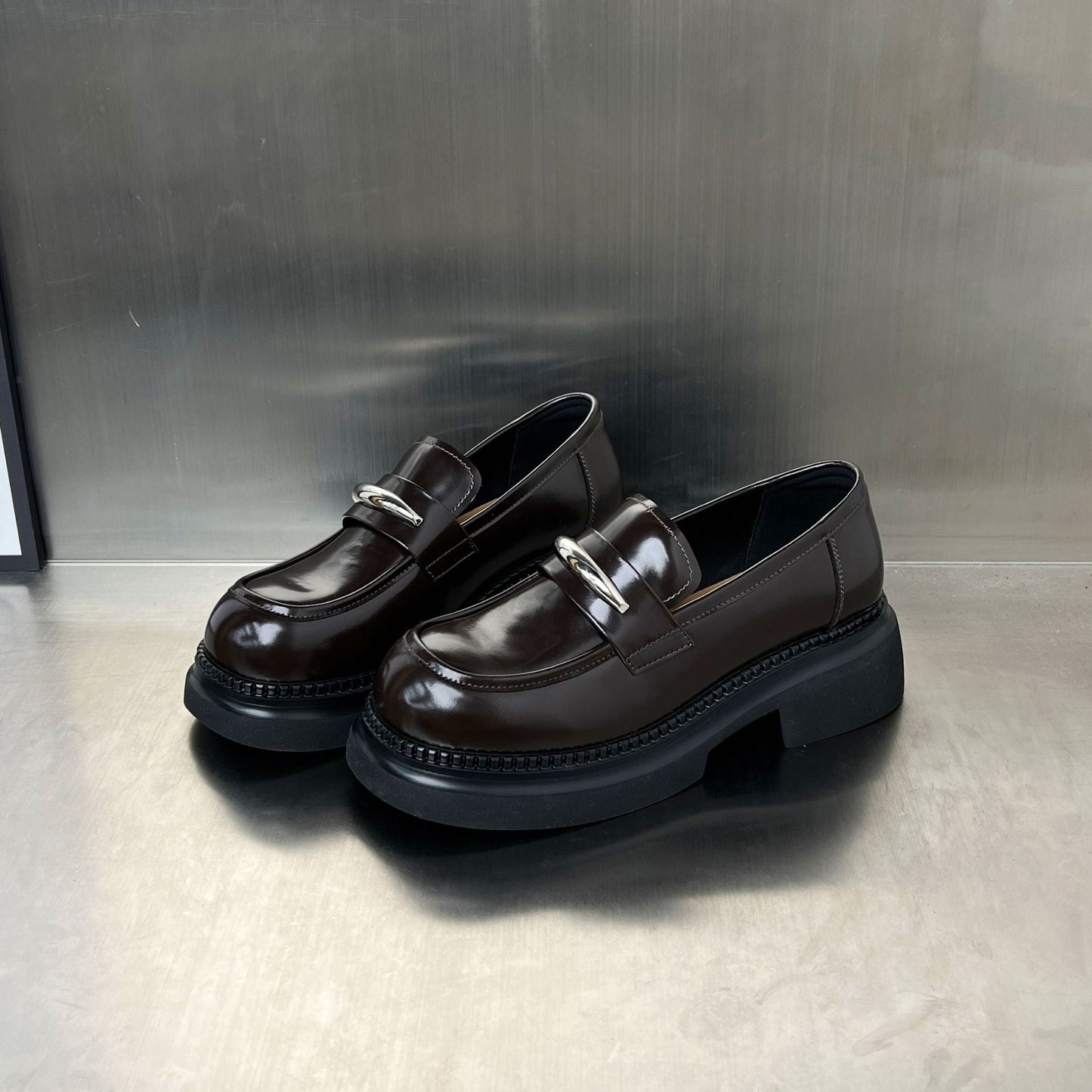 Damen Loafers Schwarz Stabile Plateausohle Mit Schnalle