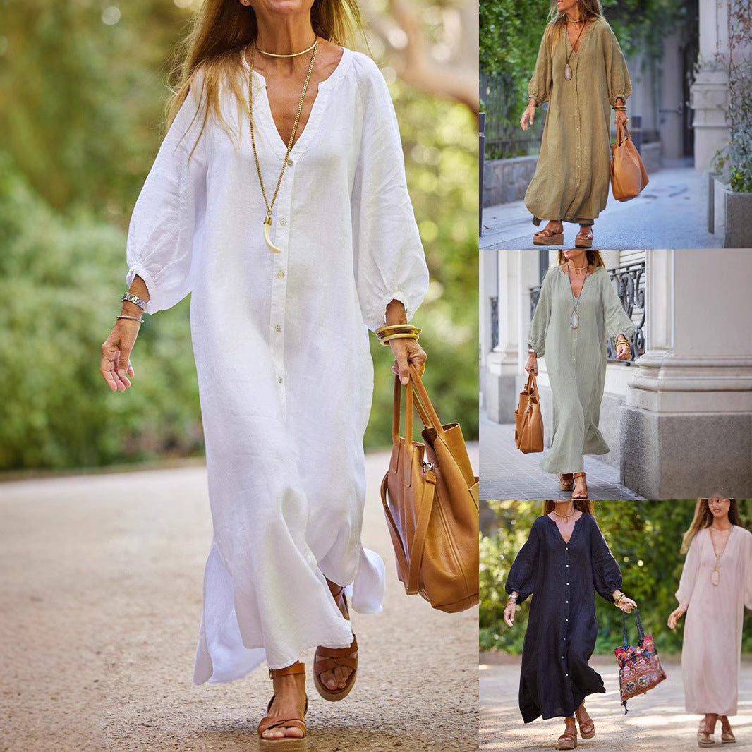 Damen Leinenkleid Langärmlig Elegant Sommer - BerlinGlamour