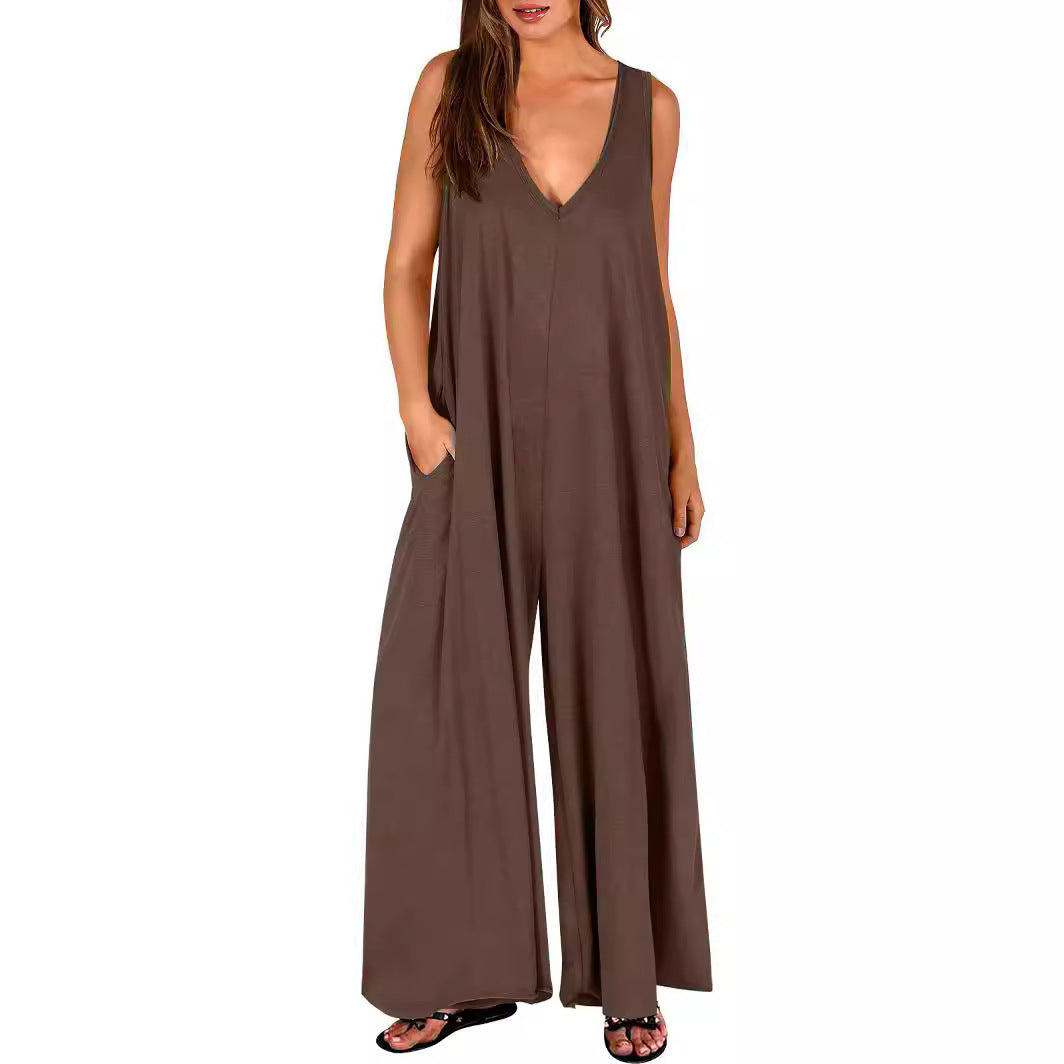 Damen Jumpsuit Locker Mit V-Ausschnitt Und Taschen