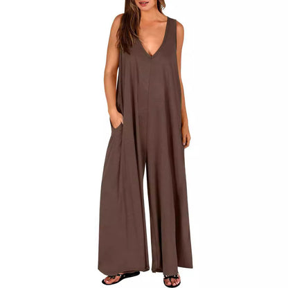 Damen Jumpsuit Locker Mit V-Ausschnitt Und Taschen