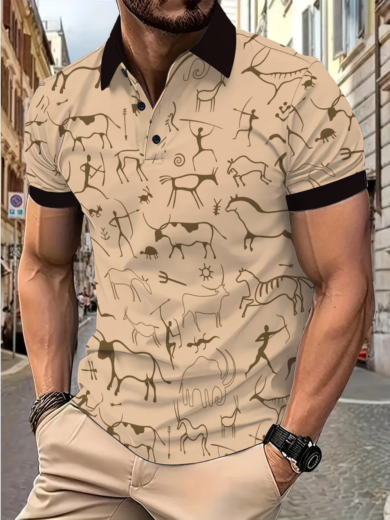 Herren Polohemd Sportlich mit Höhlenmalerei-Design Modern Berlin