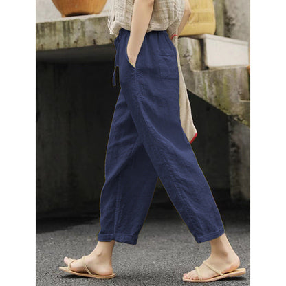 Damen Leinenhose Bequem Elastisch Mit Taschen