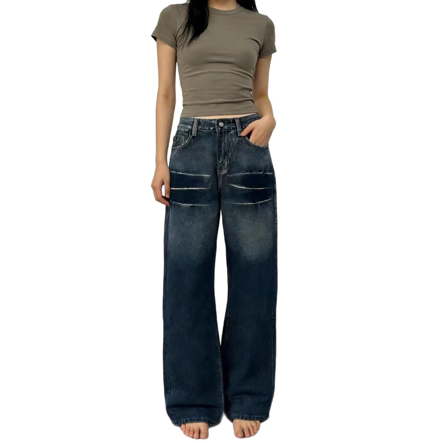 Damen Jeans Weite Bequem Mit Taschen
