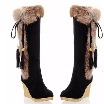 Damen Stiefel Wedge mit Kunstfell und Quasten Winter Mode