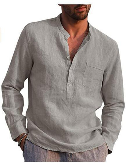 Herren Leinenhemd Modern mit Brusttasche und Henley Ausschnitt
