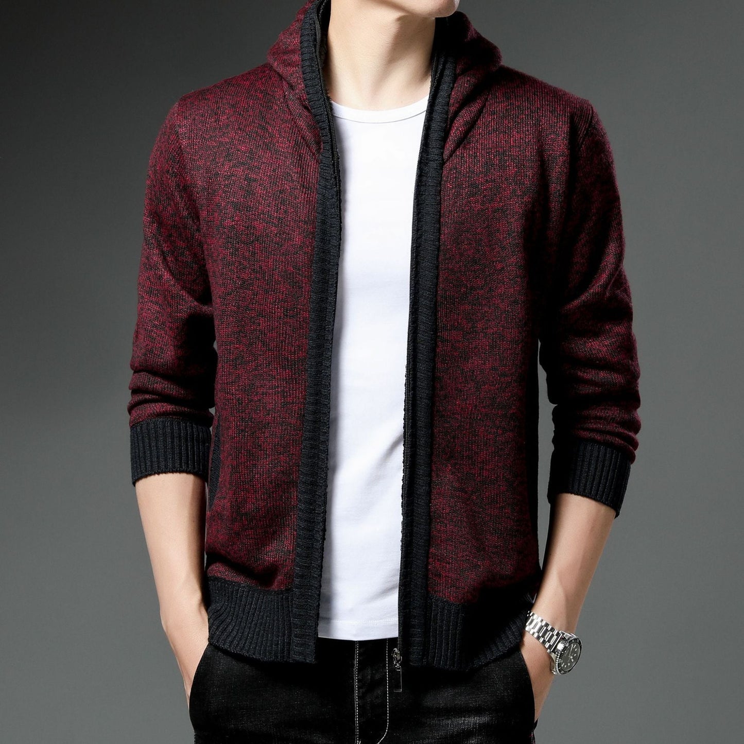 Herren Strickjacke Modern mit Kapuze Schwarz Weiß