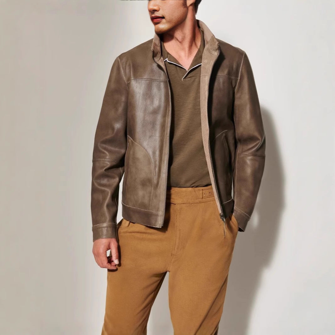 Herren Lederjacke Modern Schnitt Strukturiert Schwarz