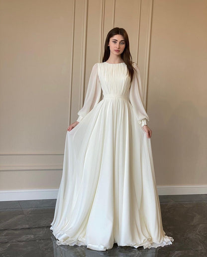 Hochzeitskleid Weiß Durchsichtig Rundhals Lange Ärmel Elegant