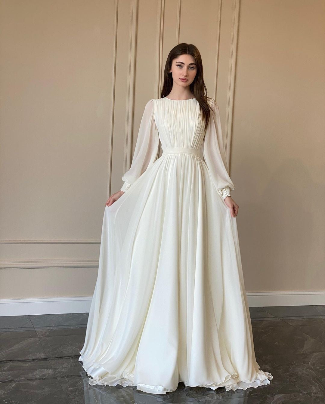 Hochzeitskleid Weißes Rundhalsausschnitt Lange Ärmel Durchsichtig