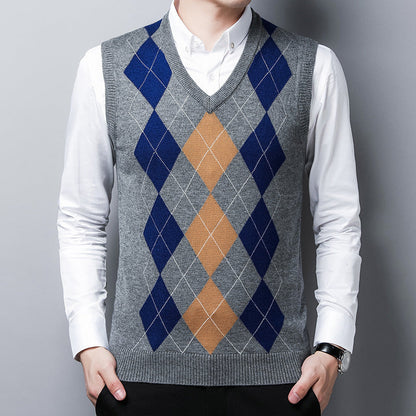 Herren Strickpullover V-Ausschnitt Rautenmuster Eleganter Pullover