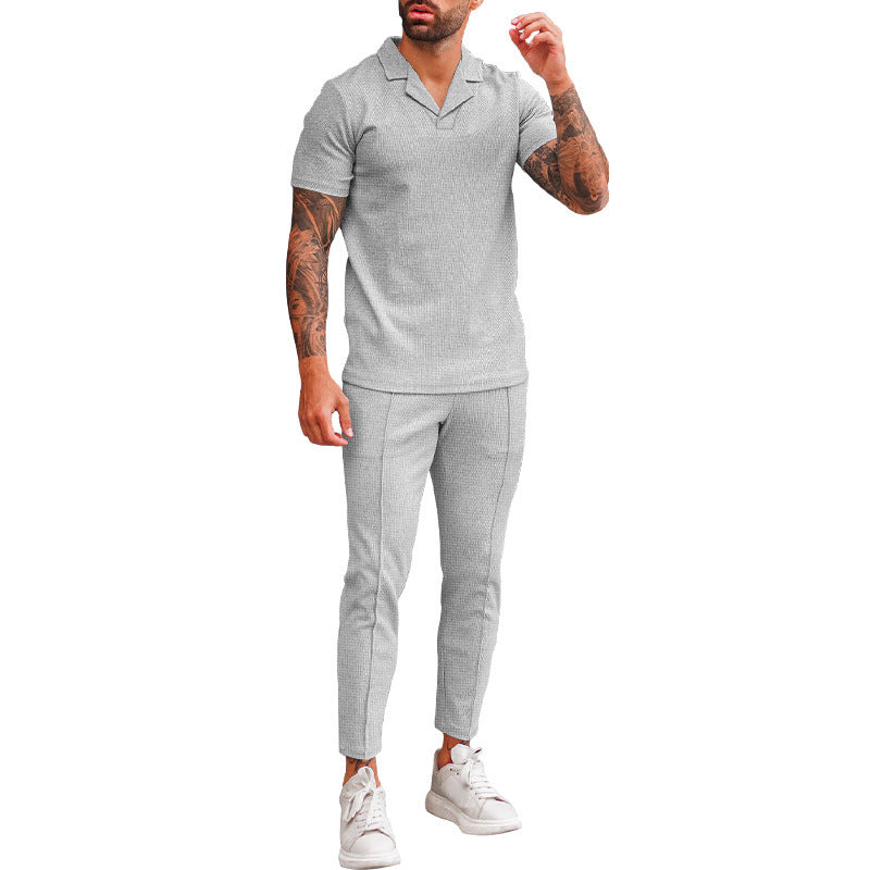 Herren Freizeit Set Kurzarm Polohemd schmale Hose Elegant