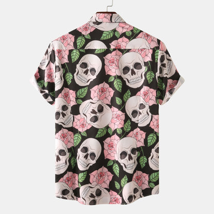 Herren Kurzarmhemd Totenkopf Blumen Muster Trendy