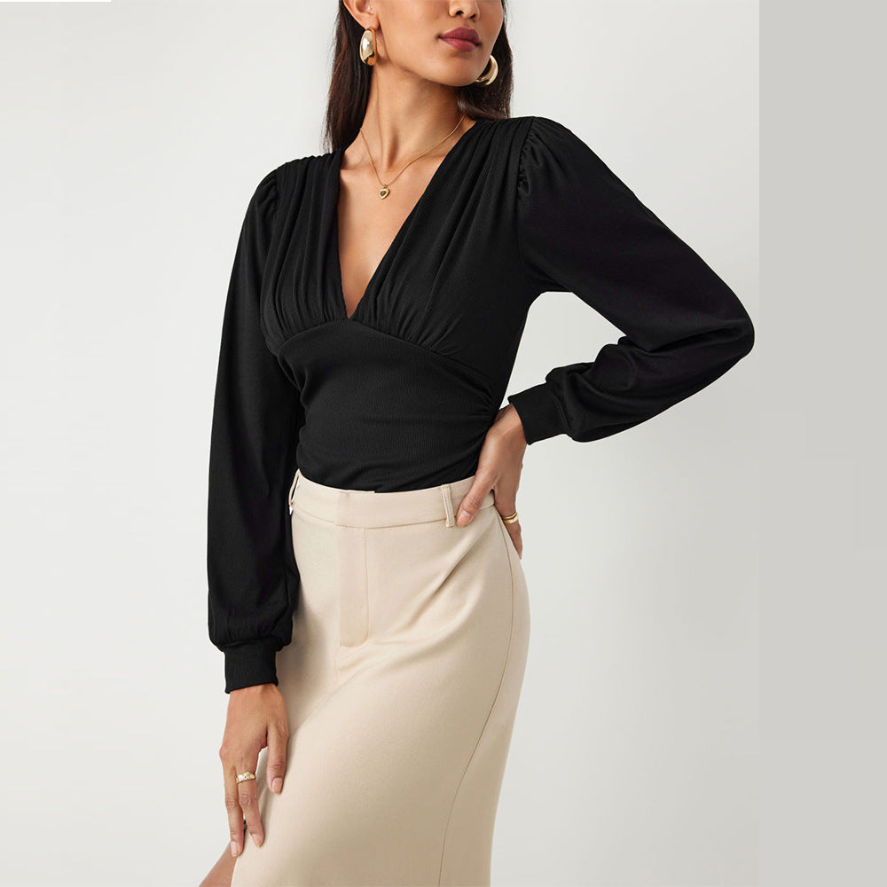 Damen Bodysuit Elegantes Design mit Puffärmeln und Tiefem Dekolleté