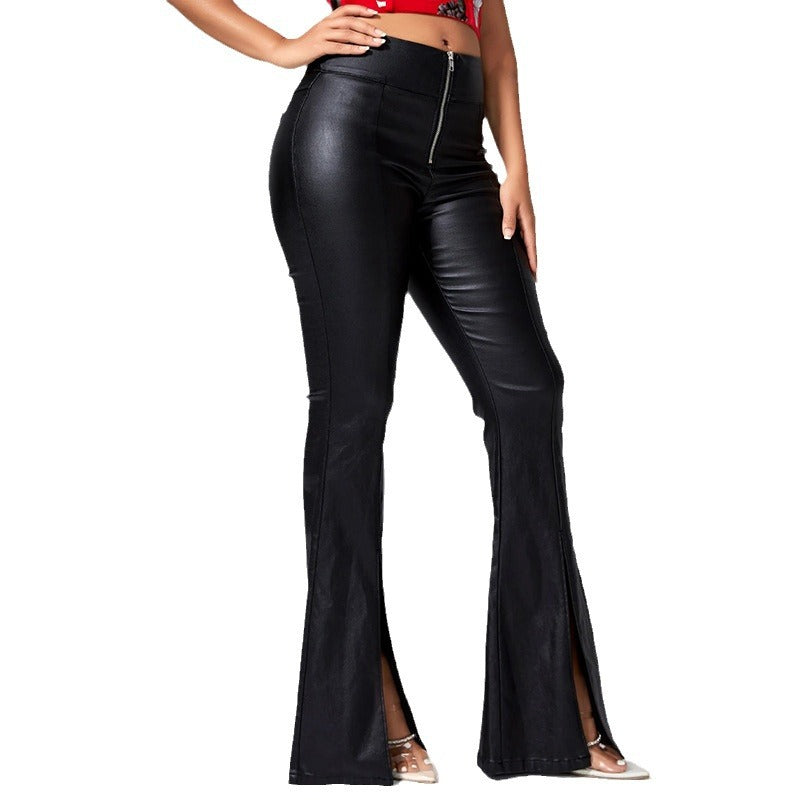 Damen Ledermodehose Schlitze Seitenlänge Schwarz
