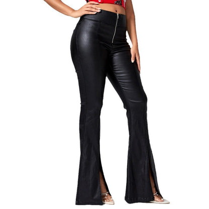 Damen Ledermodehose Schlitze Seitenlänge Schwarz