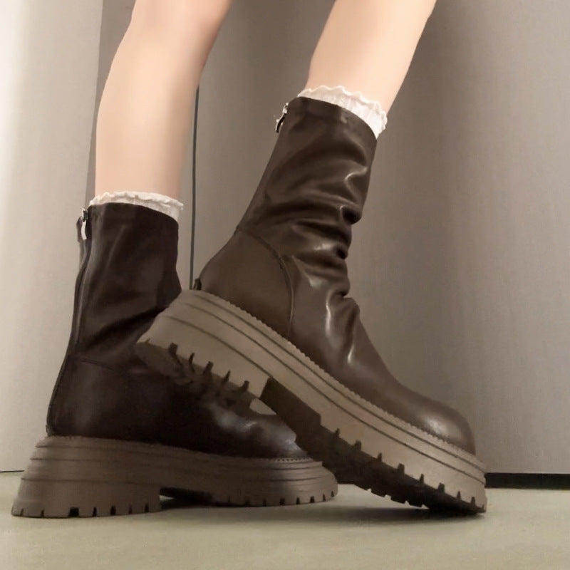 Damen Stiefel Breite Sohle Elegant Falten Design