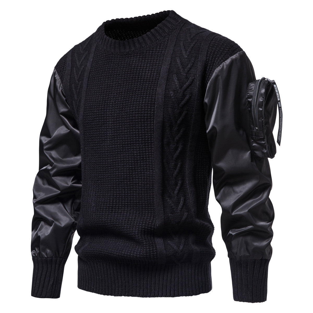 Herren Grobstrickpullover Modern mit Lederärmeln Schwarz