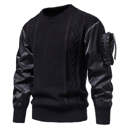 Herren Grobstrickpullover Modern mit Lederärmeln Schwarz
