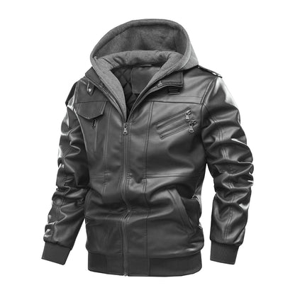 Lederjacke Herren Modern mit Kapuze Schwarz