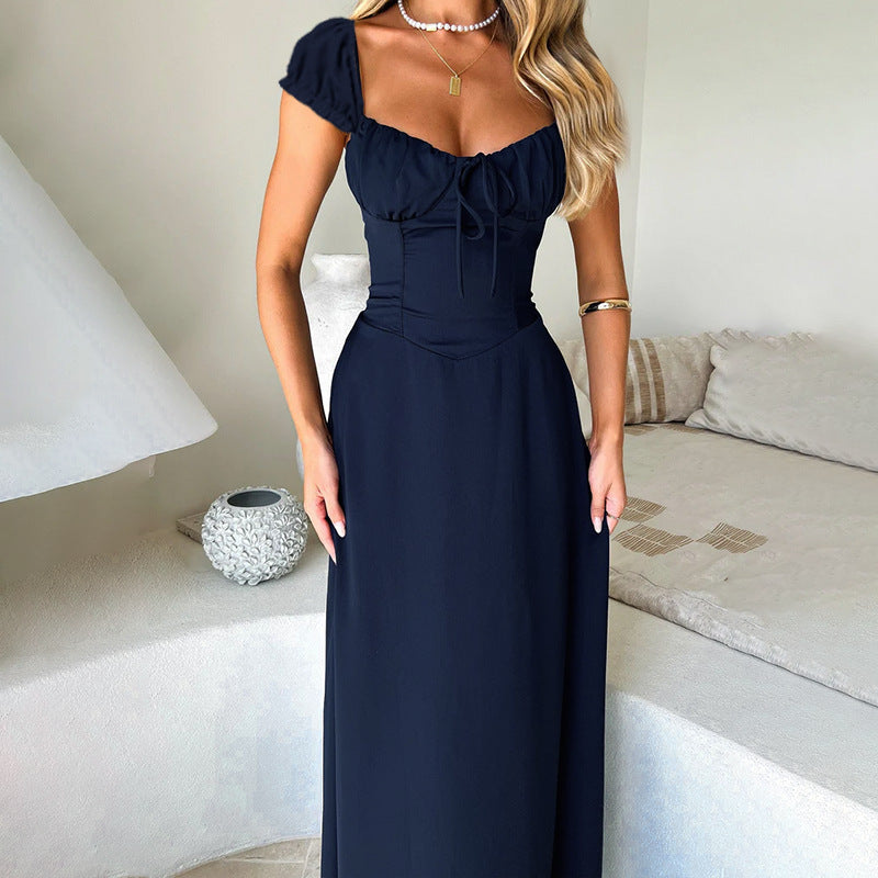 Damen Maxikleid mit Puffärmeln und Schnürung Elegant