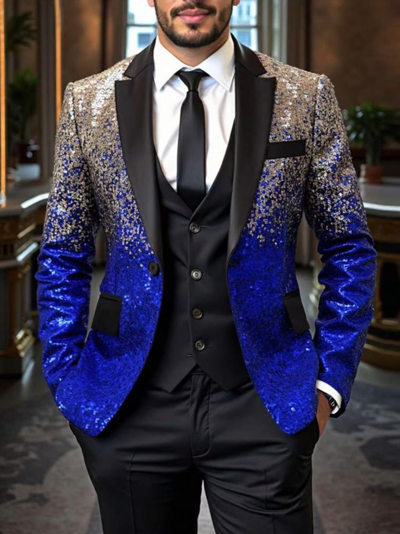 Herren Blazer Pailletten Elegant Modern Schwarzer Anzug