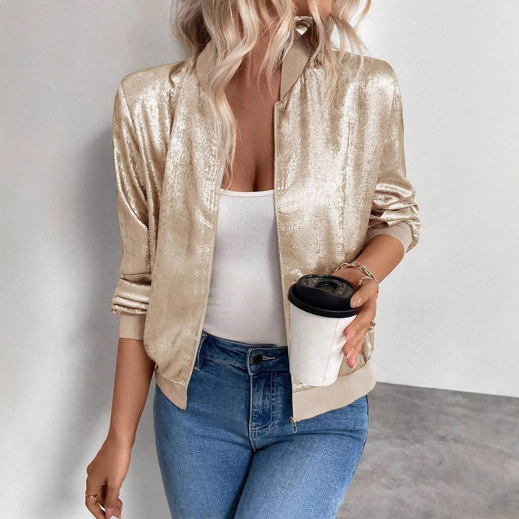 Glitzernde Damen Bomberjacke Elastisch Trendy Style