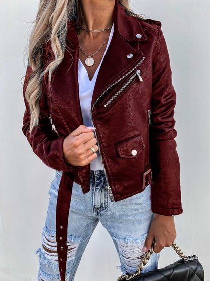 Kurzer Lederjacke Reißverschluss Ledermantel Damen