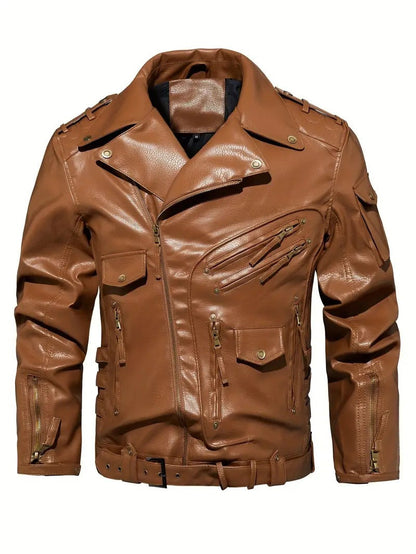 Leder Bikerjacke Herren mit Reißverschlusstaschen Gürtel Detail Schwarz
