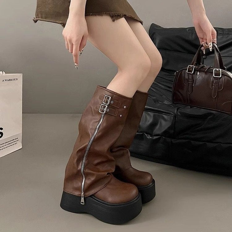 Damen Overknee Stiefel mit Reißverschluss und verstellbaren Riemen