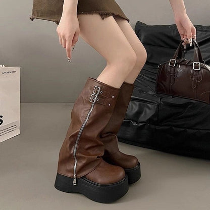 Damen Overknee Stiefel mit Reißverschluss und verstellbaren Riemen