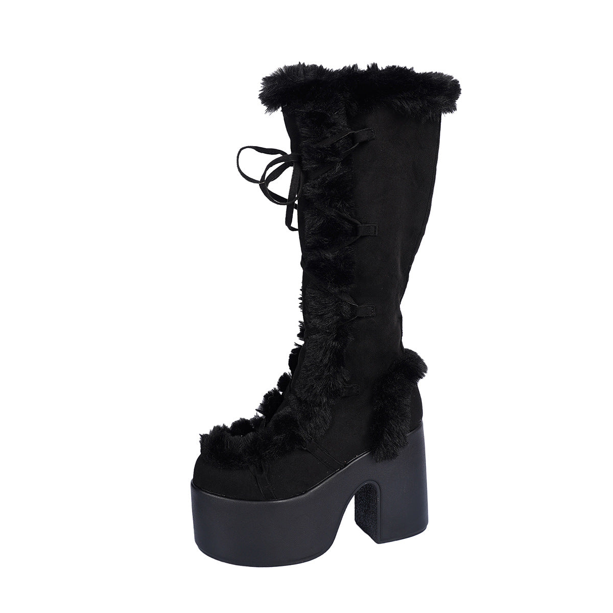 Damen Plateau Stiefel Hoch mit Kunstfell Schnürsenkel Damenstiefel Winter